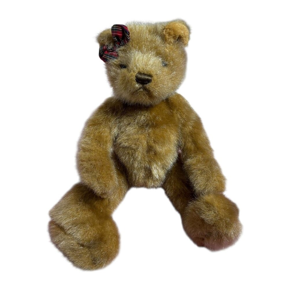 Vintage Flowers Inc Brown Plush Teddy Bear Tartan Plaid Bow Collectible 12 in